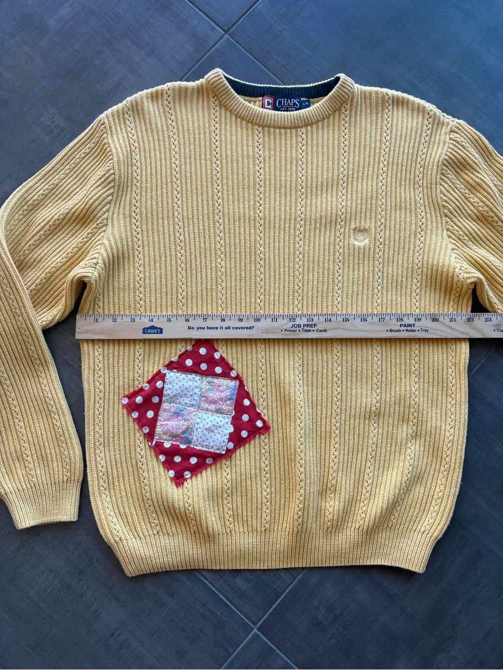 Vintage Chaps Ralph Lauren Yellow Sweater 1920s Feedsack Quilt Patch - Large - Picture 5 of 8